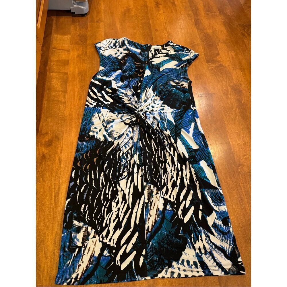 Calvin Klein Womens 18W Blue Black Abstract Print Twist Front Sheath Midi Dress
